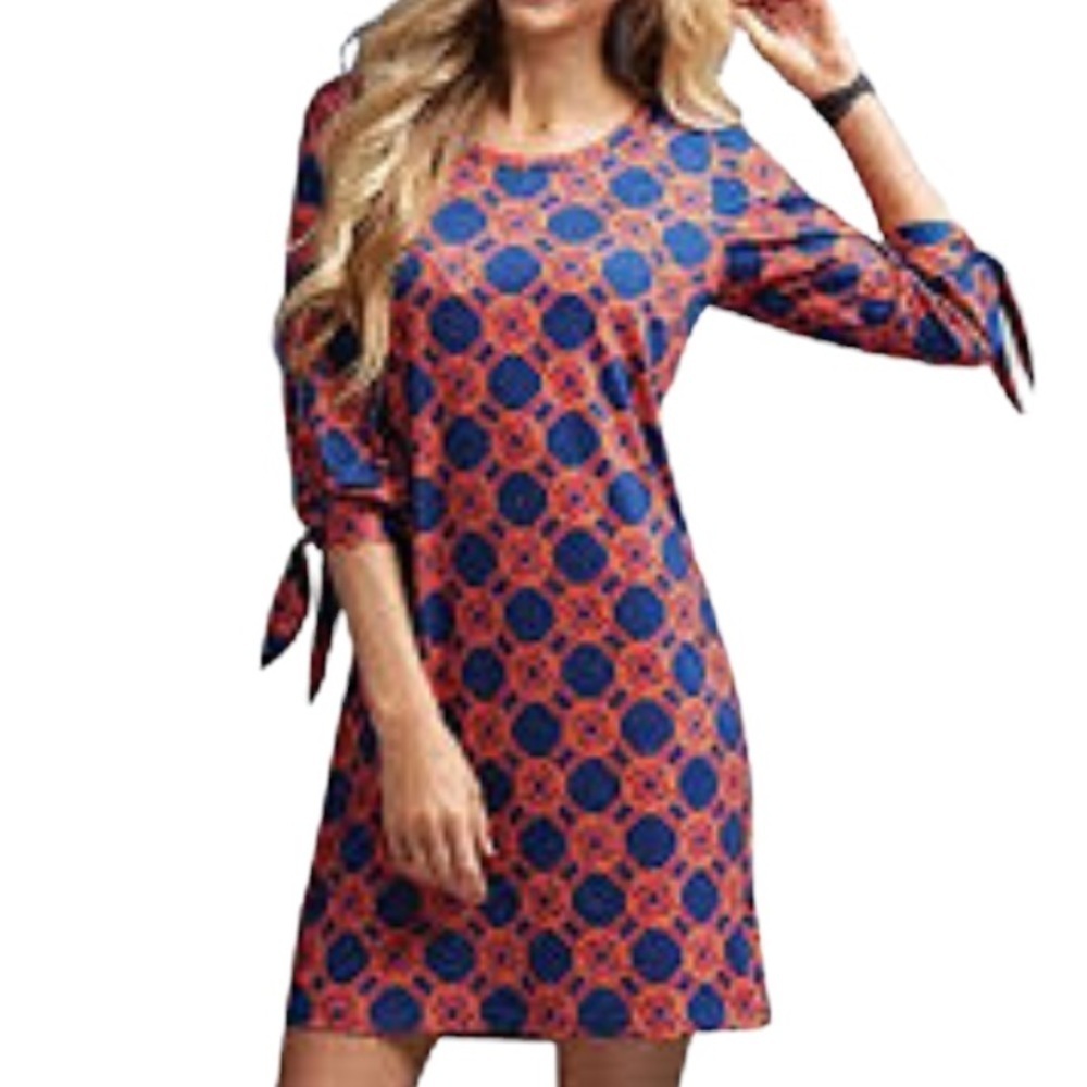 MUD Pie Women’s Navy Red Orange Lattice Print Shirt-Dress Scoop Neck, EUC Size M